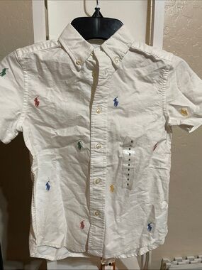 Ralph Lauren White Button-Down Polo Logo Shirt with Multicolor Embroidery